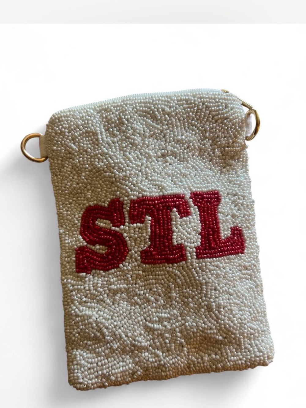 Ivory Beaded Mini Crossbody Bag with Red 'STL' Accent
